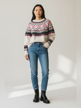 CeCe Ivory Pink & Navy Fair Isle Geometric Snowflake Crewneck Sweater Large NWT